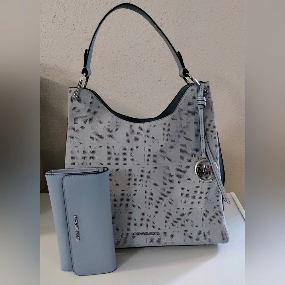 Michael Kors Light Gray Logo Shoulder Bag with Matching Wallet